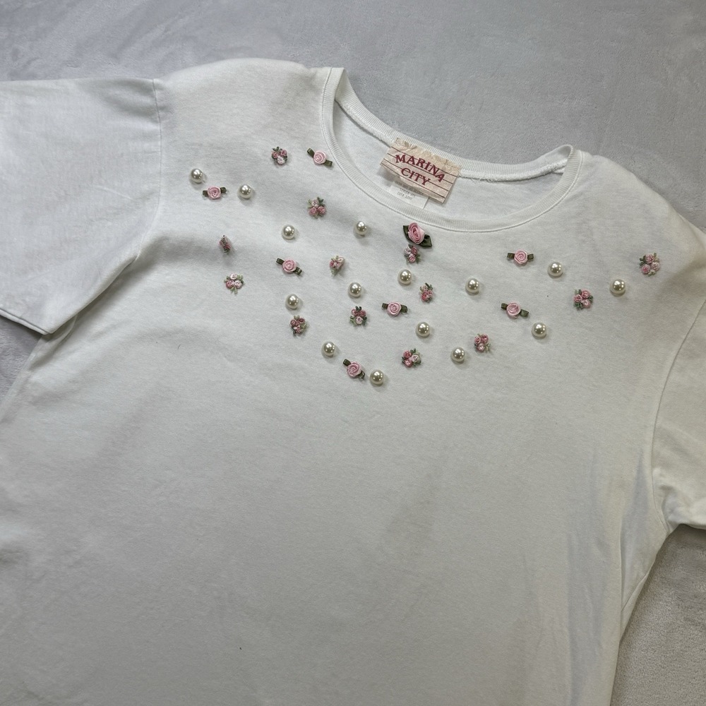 Vintage Marina City Floral Pearl Tee White Single Stitch Womens L USA
